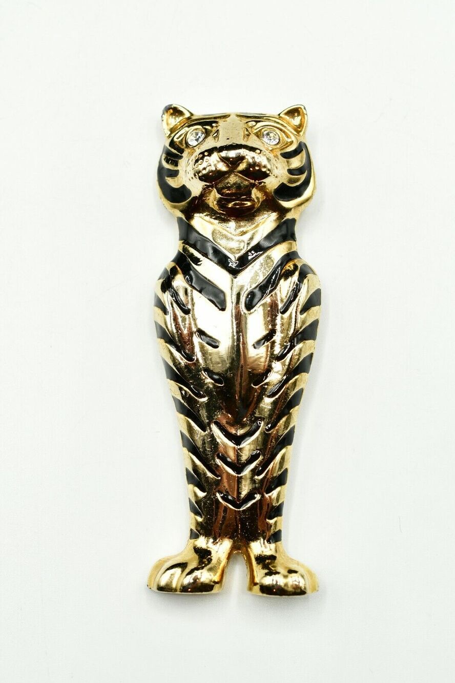 Vintage Tiger Pin Brooch Vintage Gold Black Rhinestone King Cat Heavy 1980s BinJ